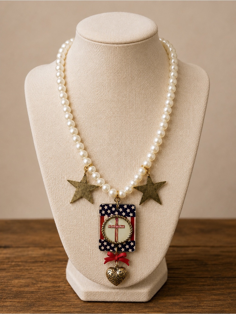 In god we trust Pearl Beaded Necklace with Star Charms and Patriotic Pendant - Picture 6 of 6